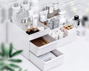 Cosmetic Organizer Tiered Stand Drawer - Acrylic Transparent Makeup Brush Jewelry Holder, Stackable Bathroom Vanity Storage Box, Anti-Dust Lid Travel Friendly UAE Beauty Essential Premium Design 